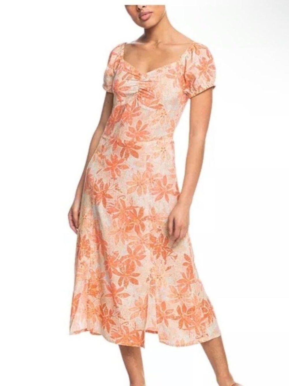 Roxy Orange Floral Sweetheart Midi Dress